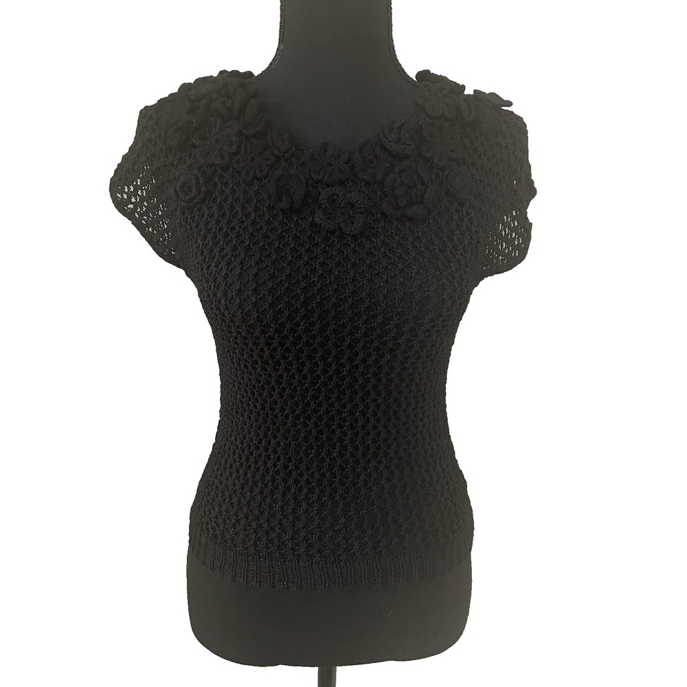 NWT KNITTED & KNOTTED XS‎ Black Pua Pullover Crochet Top Sweater Sheer Festival